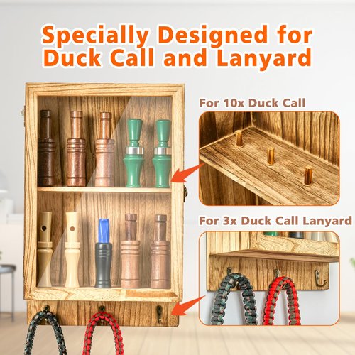 YDEPLVEO Duck Call and Lanyard Display Rack Holder, Wall Mount Wood Storage Case for 10 Calls and 3 Lanyards, Visible Whistle Stand Box for Home Hunting Decor