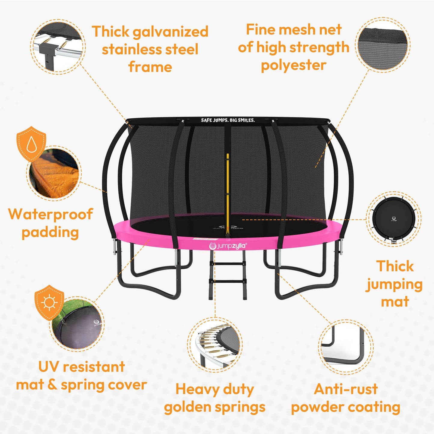 JUMPZYLLA Trampoline Outdoor 8FT 10FT 12FT 14FT 15FT 16FT with Enclosure and Ladder, ASTM Approved Recreational Trampoline for Kids and Adults, Anti-Rust Coated Frame (Pink, 14FT)