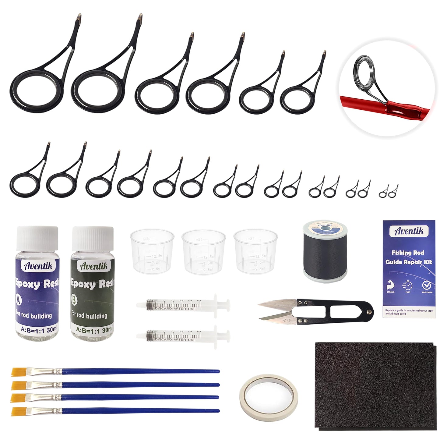 Aventik Fishing Rod Eyelet Repair Kit Complete, Emergency Quick-Fix Fishing Pole Eyes Replacement Kits Including Winding Thread, Epoxy and Stainless Steel Guides for Spinning Rod(Spinning Repair Kit)