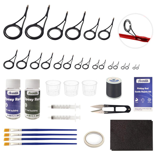 Aventik Fishing Rod Eyelet Repair Kit Complete, Emergency Quick-Fix Fishing Pole Eyes Replacement Kits Including Winding Thread, Epoxy and Stainless Steel Guides for Spinning Rod(Spinning Repair Kit)