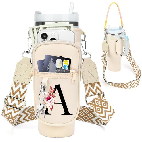 Water Bottle Holder with Strap for Stanley Cup 40 oz Tumbler with Handle, Personalized Initial Gift, Water Bottle Carrier Bag with Phone Pocket & Carabiner for Stanley Cup Accessories - Cream White A