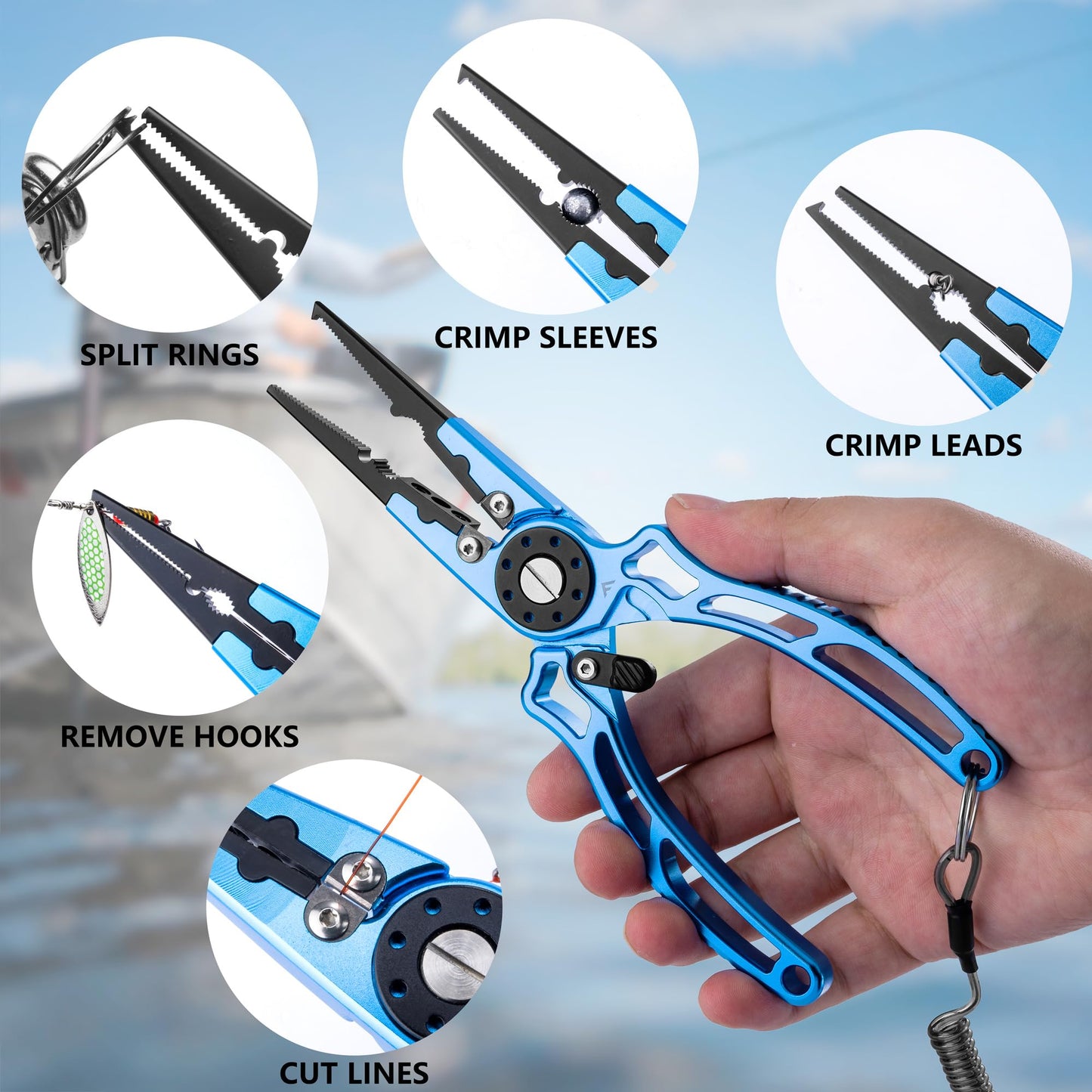 FLISSA 8 Inch Fishing Pliers, Safety Lock Design Fish Pliers Saltwater, Corrosion Resistant Aluminum hook remover with Braid Cutters, Sheath and Lanyard, Fishing Tool Gifts for Men