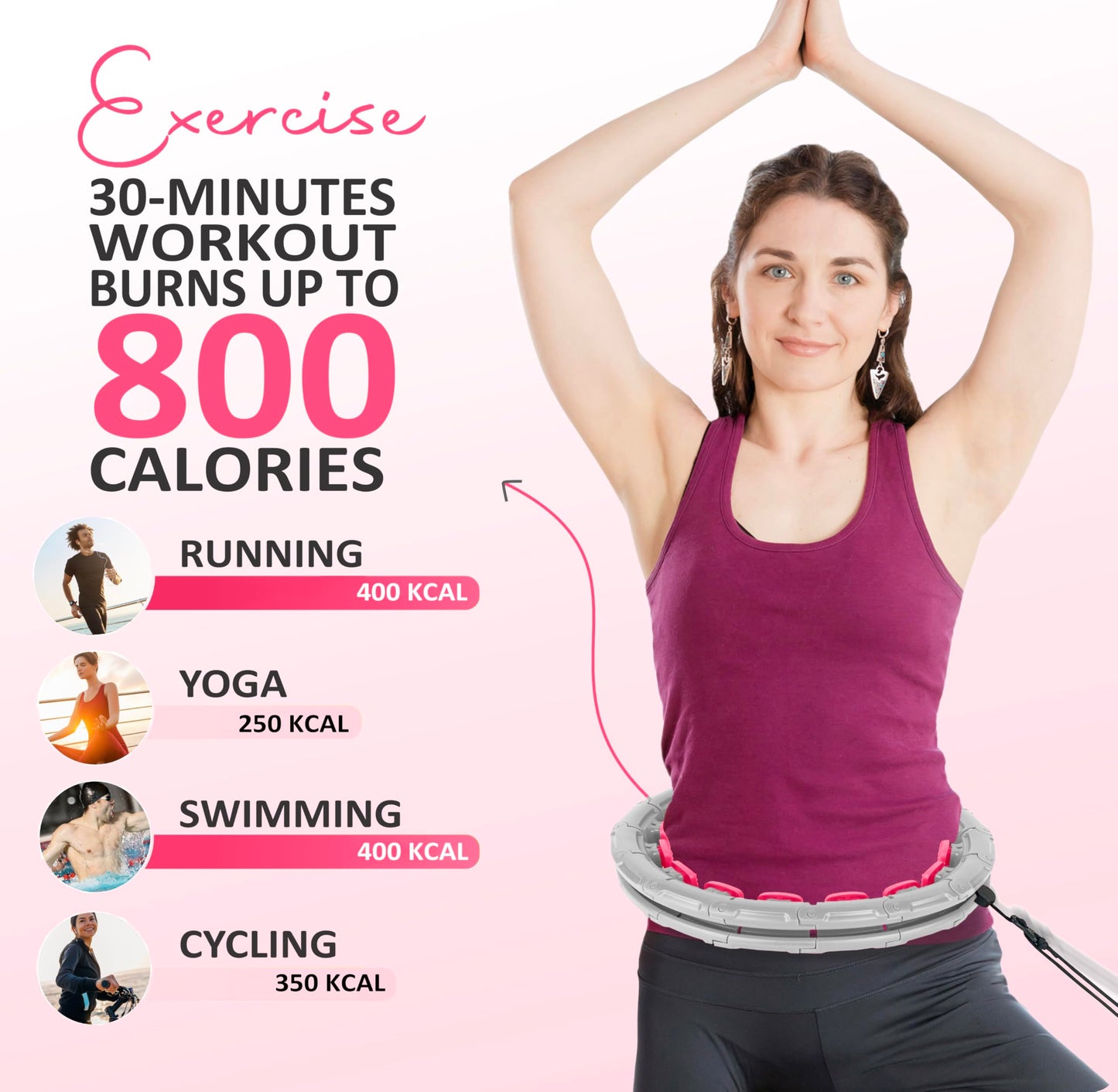 Experience Fitness Excellence with our Infinity Hoop plus Size – Weighted Hula Hoop for Weight Loss – hula hoop exercise ring with ABS and quality wheels – For all the sizes and levels (Gray and Pink)