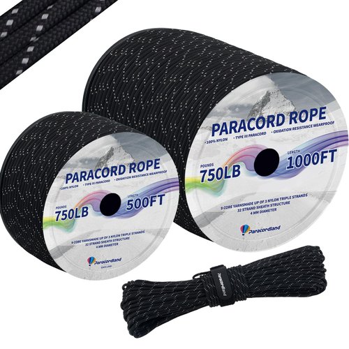 Paracordland-750LB Reflective Rope-100ft/500ft/1000ft- 9 Strand Parachute Spool Cord Heavy Duty String Ideal for Survival Gear Bracelet Camping Hikig Fishing-Reflective Black