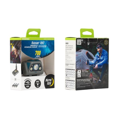 Nite Ize Radiant RH2 PowerSwitch Rechargeable Headlamp - Headlamp for Camping & Hiking - Rechargeable Battery - Hands-Free Light with 7 Modes Plus Lockout - Waterproof & Impact-Resistant - Blue/Grey