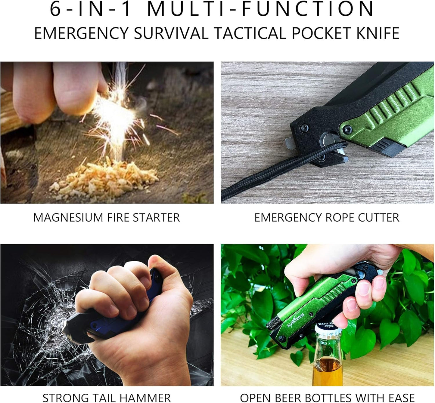 ALBATROSS 6-in-1 Survival Tactical Military Folding Pocket Knives with LED Light,Seatbelt Cutter,Glass Breaker,Magnesium Fire Starter,Bottle Opener;Multi-Function Emergency Tool(Black)