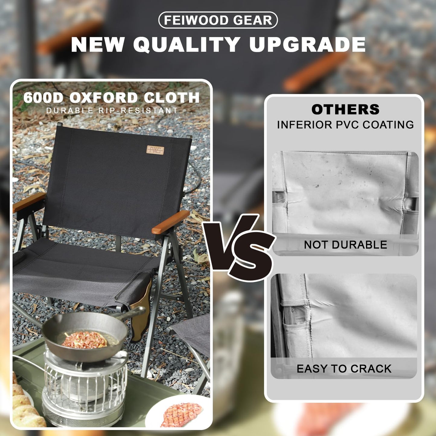 FEIWOOD GEAR Folding Camping Chair, Lightweight Portable Chair Wood Armrest with Side Pockets, Cup Holder for Camping, Picnic, Concert, Beach, Fishing, Outdoor