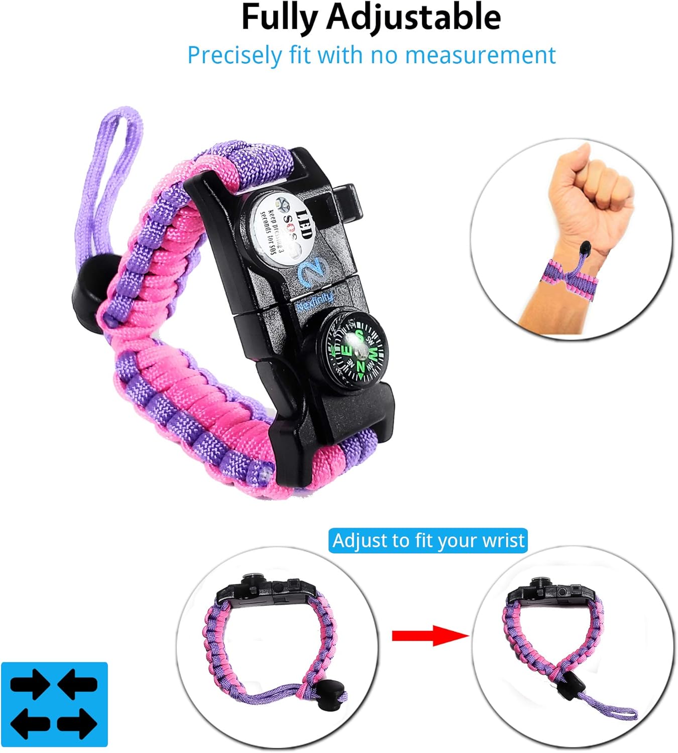 Survival Paracord Bracelet - Tactical Emergency Gear Kit with SOS LED Light, 550 Grade, Adjustable, Multitools, Fire Starter, Compass, and Whistle - Set of 2