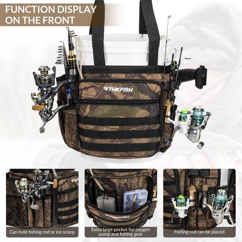 THKFISH Fishing Bucket Organizer for 5 Gallon Bucket, Ice Fishing Bucket Bag with Rod & Plier Holder, Adjustable Fish Protection Bucket Bag with Multi-Pockets for Fishing Gear