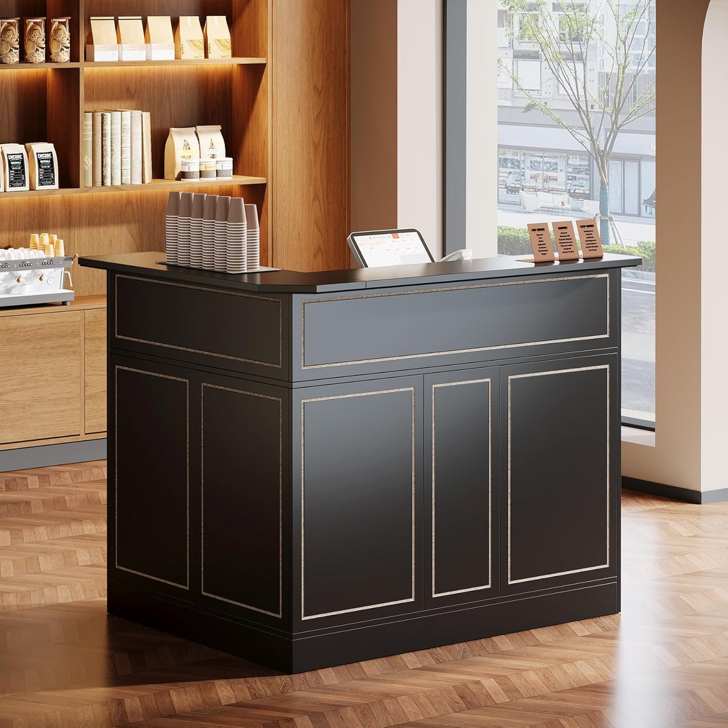 Tribesigns Reception Desk with Storage Shelves, L-Shaped Modern Front Desk, Reception Counter Table for Small Office, Salon, Checkout Office, Black