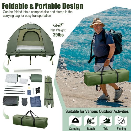 BANGTANE Tent Cot for Camping 1-Person, All-in-1 Folding Tent Combo w/Air Mattress, Sleeping Bag, Carry Bag & Foot Pump, Off Ground Travel Cot for Hiking, Backpacking, Fishing & Picnic