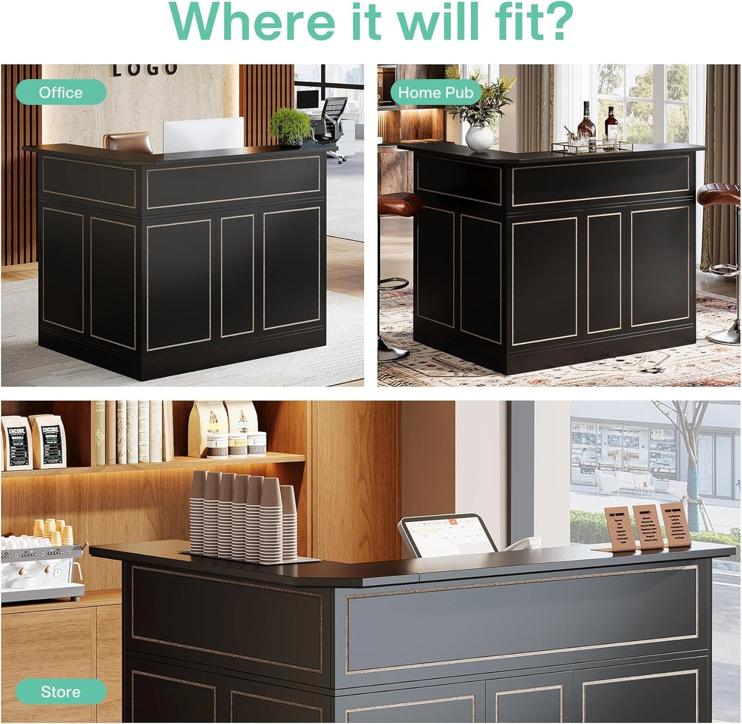 Tribesigns Reception Desk with Storage Shelves, L-Shaped Modern Front Desk, Reception Counter Table for Small Office, Salon, Checkout Office, Black