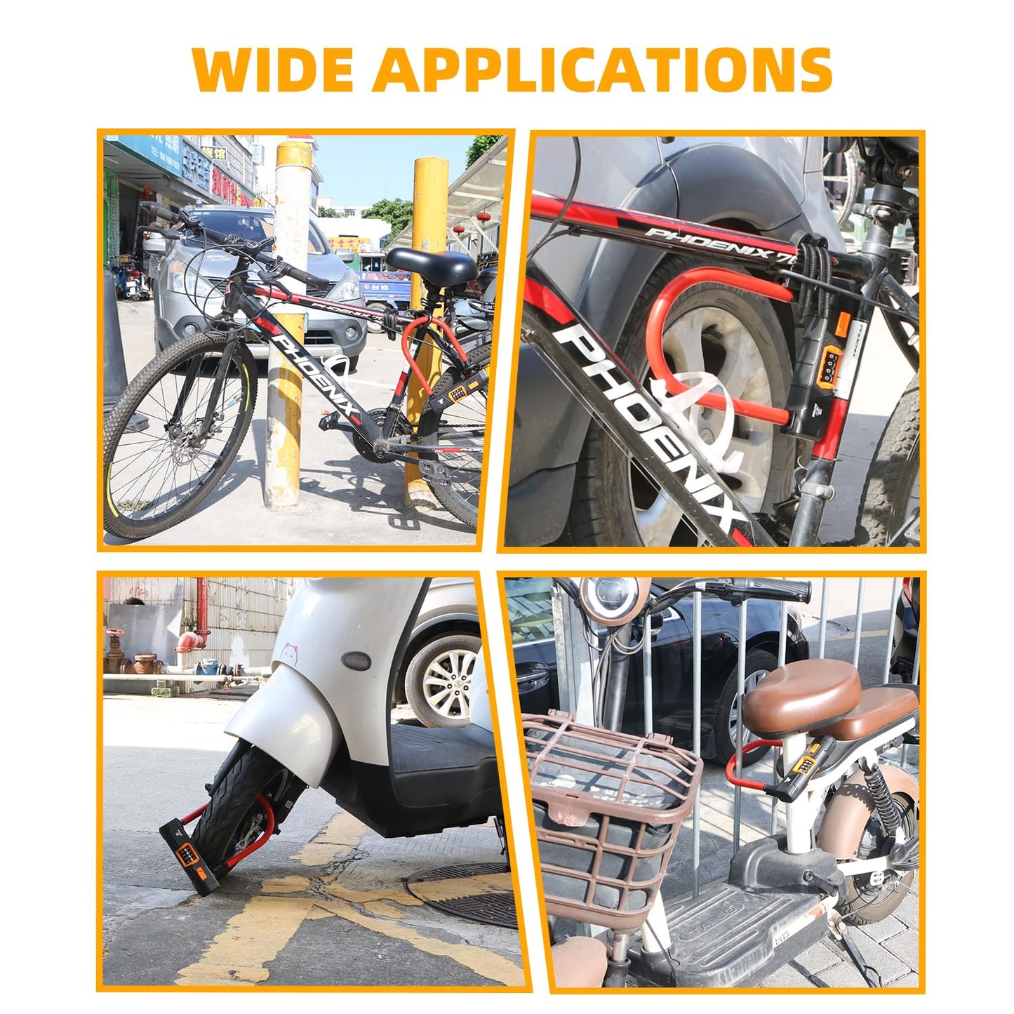 Akso Aoyupe Black Silicone 4-Digit Resettable Combination Heavy Duty Anti-Theft Locks,Keyless Lock for Outdoor,U-Lock with Sturdy Mounting Bracket，for Motorcycle, Ebikes（1 Set）