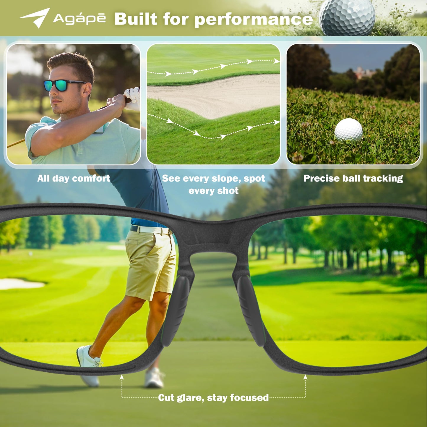 agape Birdyx™ Polycarbonate Red Lenses Polarized Anti-glare Golf Sunglasses Sport Glasses for Men Women, UV400 protection, for pickleball running fishing hiking, Carbon Frame, Noir Black Mirror