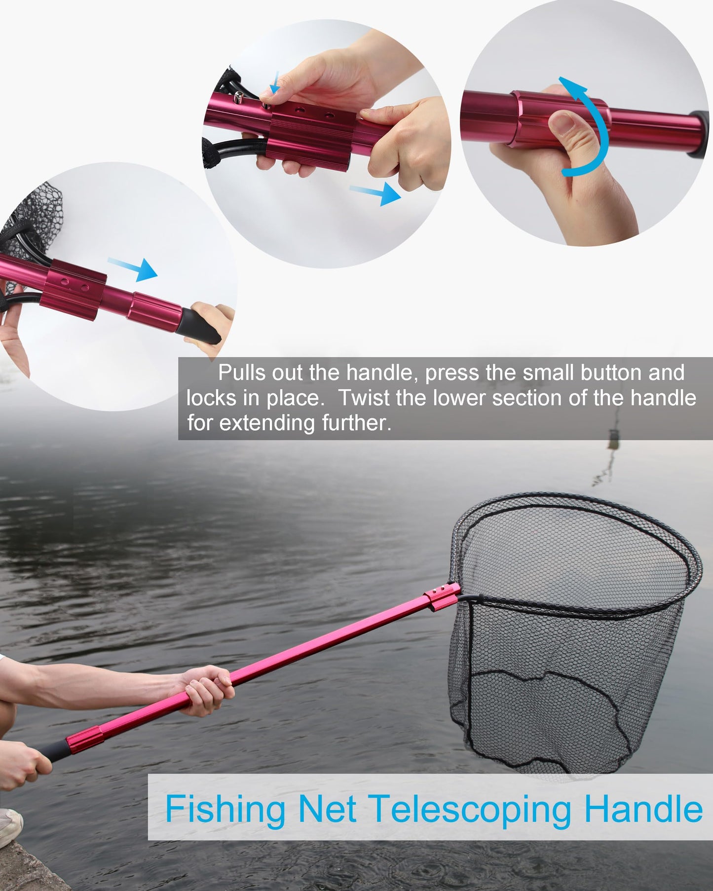 Facikono Large Fishing Net Rubber Fishing Net Large Heavy Duty Extra Large Landing Net for Saltwater Aluminum Fishing Net Telescoping Handle with 6pcs Soft Jig Swimbait, Extends to 72-94in