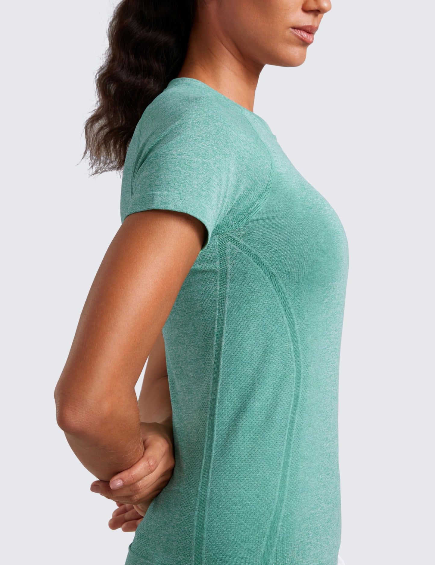 CRZ YOGA Seamless Workout Tops for Women Hip Length - Athletic Running Gym Yoga Short Sleeve Shirts Breathable Crewneck Tees Cascadia Green Heather Medium
