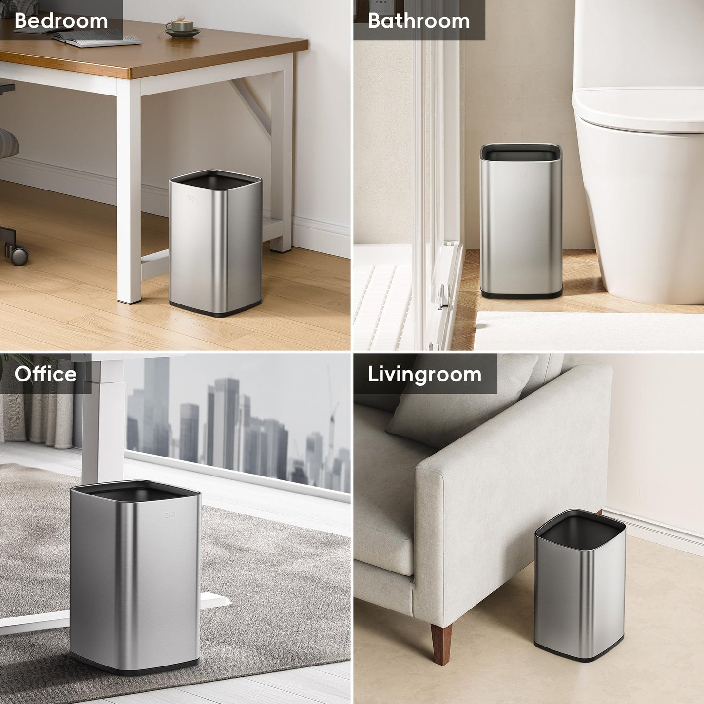 EKO 2-Pack Open Top Trash Can with Removable Inner Basket, Square Small Garbage Can, 1.8 + 3.2 Gallon Wastebasket Combo for Kitchen, Bathroom, Office, Home (Stainless Steel)