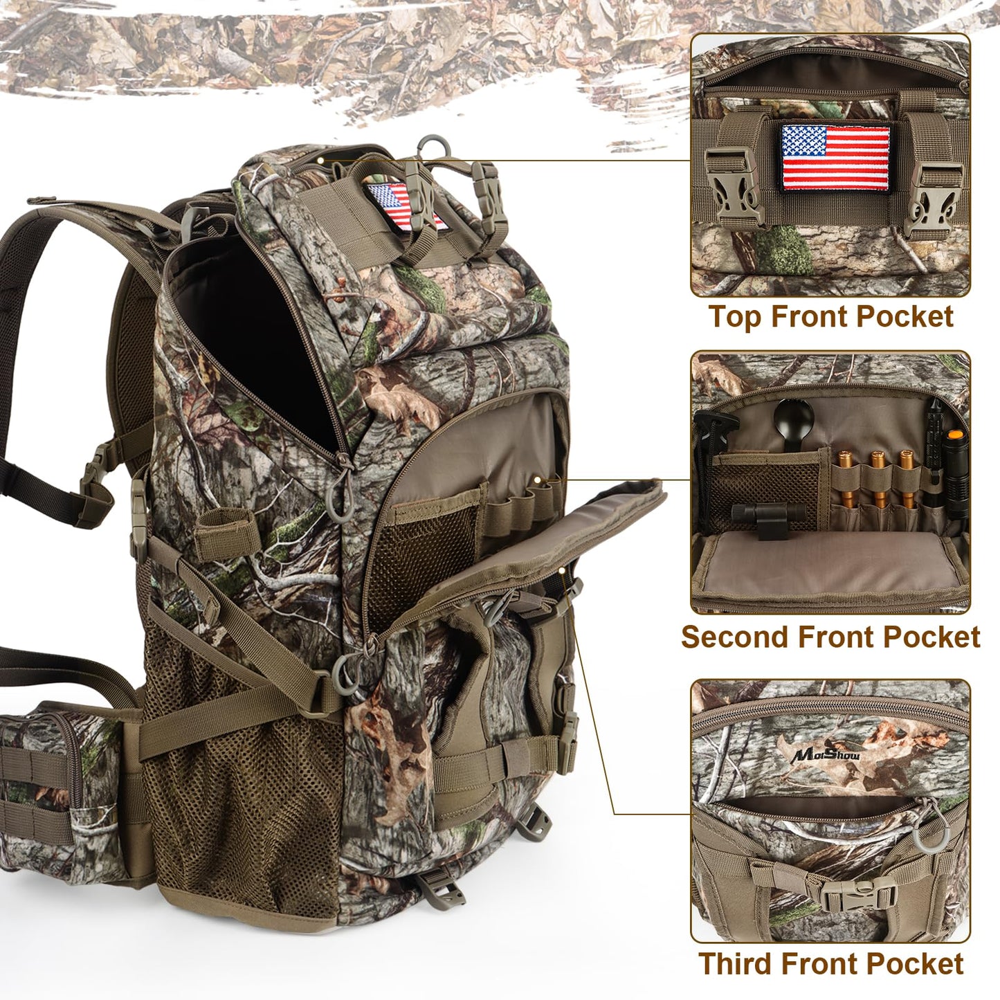 MoiShow Hunting Backpack, Outdoor Hunting Pack with Rifle Holder, Hunting Backpacks for Men, Hunting Bag with Waterproof Rain Cover