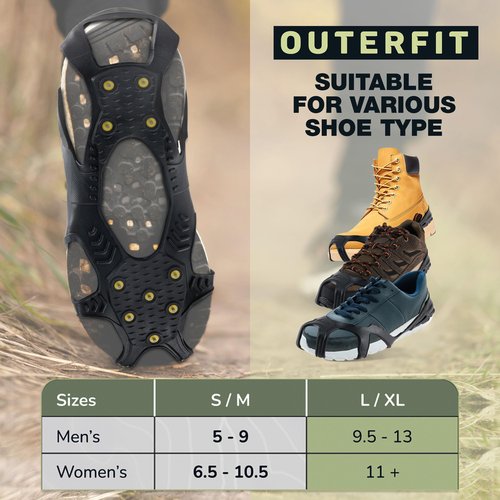 Outerfit Non-Slip Crampons with Tungsten Steel Spikes, Shoe Spikes for Snow and Ice, Cleats for Hiking, Fishing, Walking