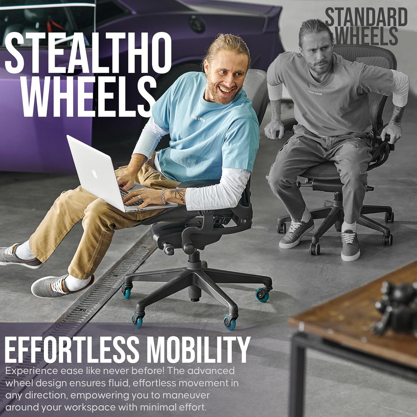 Stealtho Original Office Chair Wheels Set of 5 - Protect Hardwood Floor & Carpet - Heavy Duty Replacement Casters - Black Soft Polyurethane - Standard Fit 7/16" x 7/8"