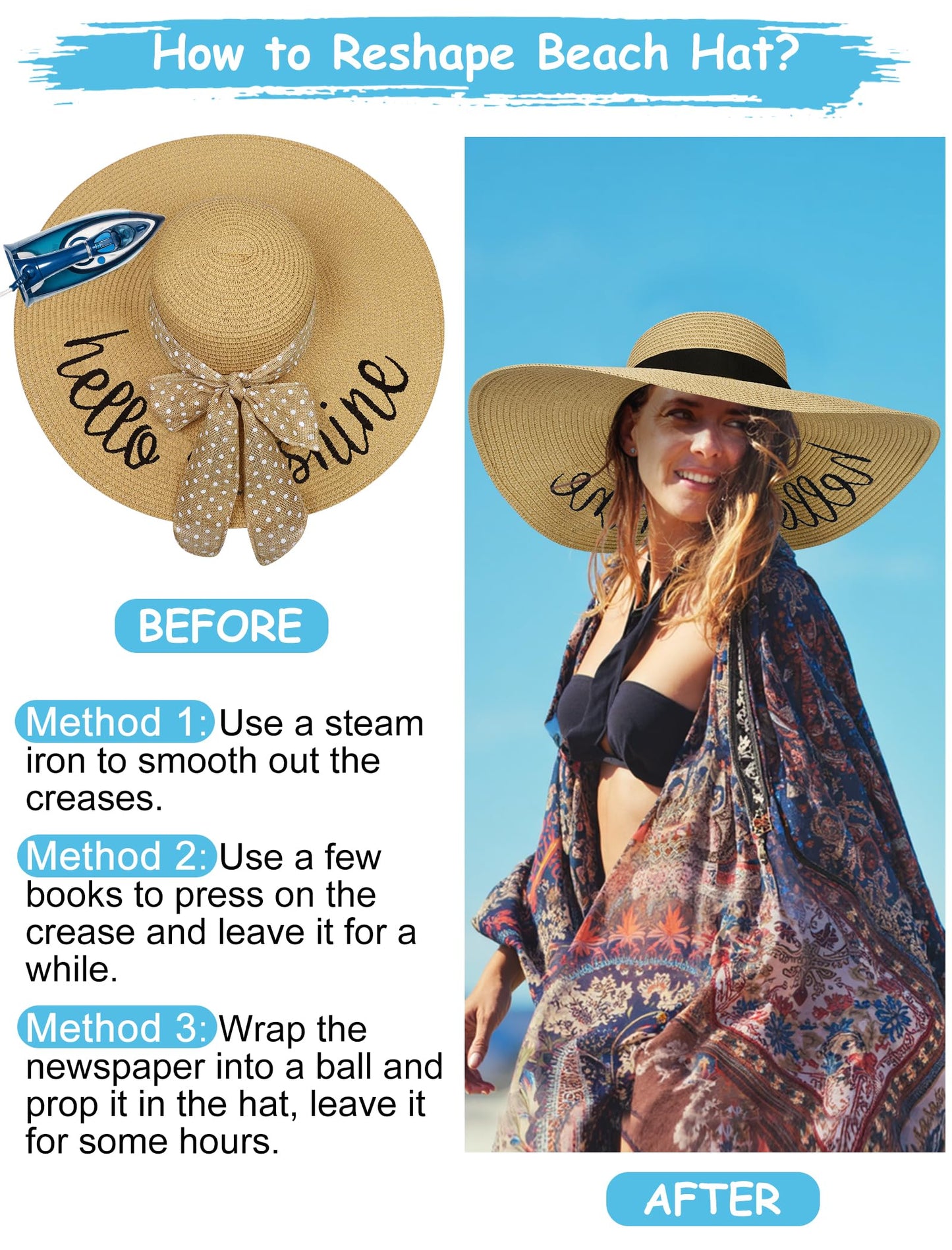 Senker Fashion Beach Hats for Women, Floppy Straw Sun Hat Embroidered Wide Brim for Summer Honeymoon Vacation Cruise Khaki