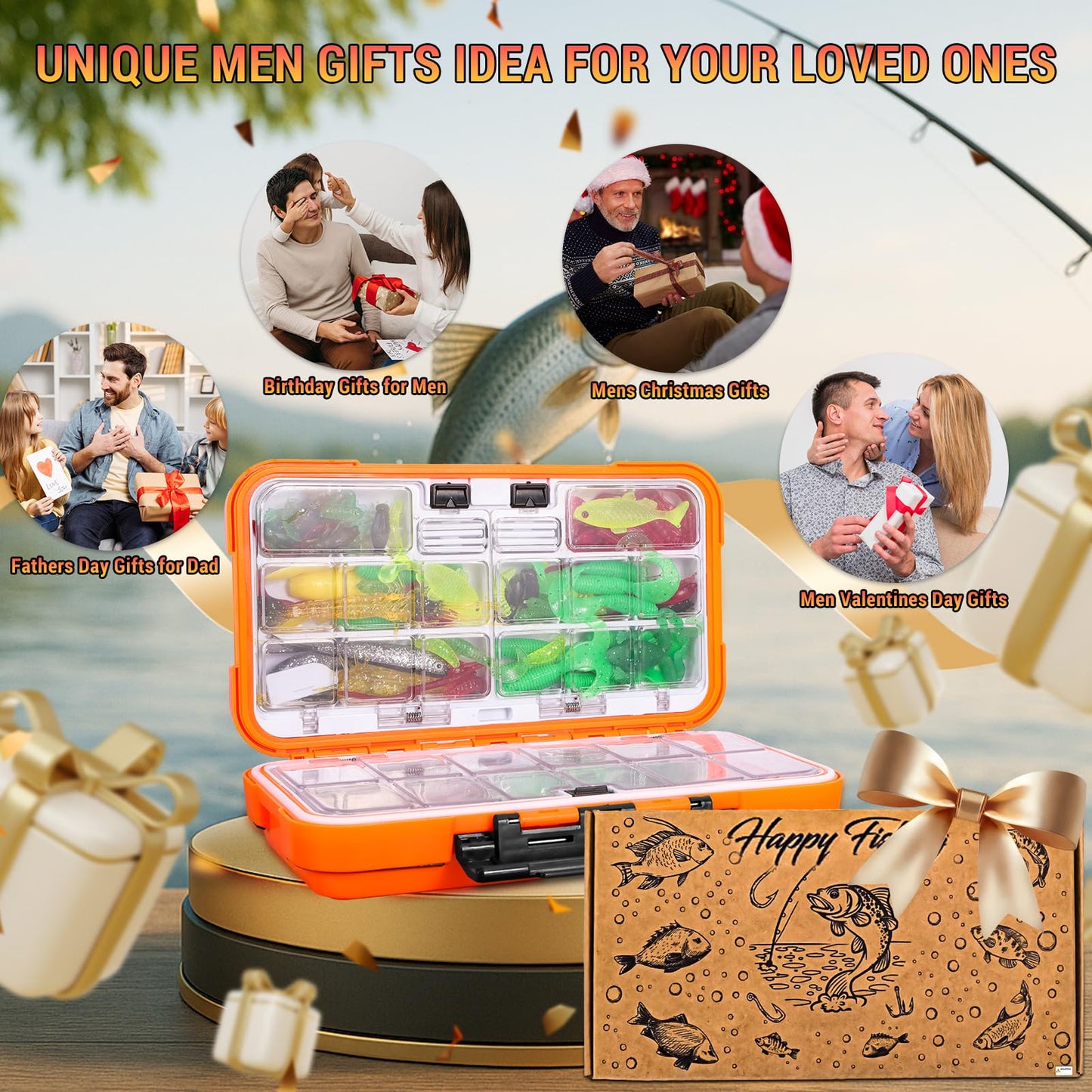 Fishing Lures Kit for Freshwater Tackle Box Kit for Bass Trout, Fathers Day Dad Gifts for Men Dad Husband Boys Beginner, Bait & Other Accessories Fishing Gear Gifts Ideas 105pcs Black