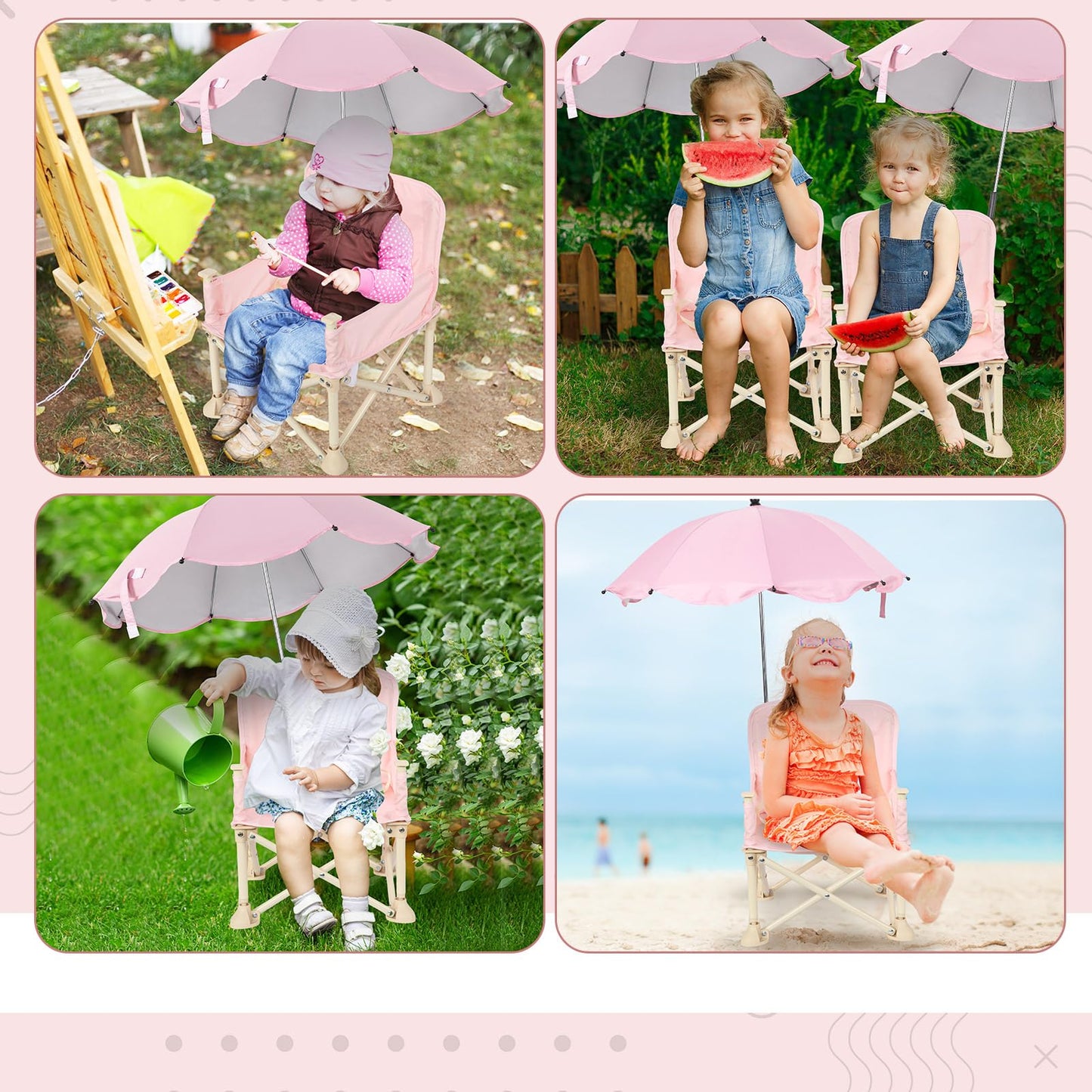 Suzile Outdoor Beach Chair with Umbrella Travel Booster Seat with Tray Compact Folding Chair Portable Booster Chair with Storage Bag, Backrest Pocket for Dining Table, Camping (Baby Pink)