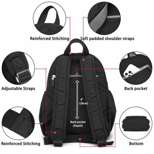 DOKUDOKU Small Nylon Backpack Mini Casual Daypack Lightweight Backpack for Women (BLACK)