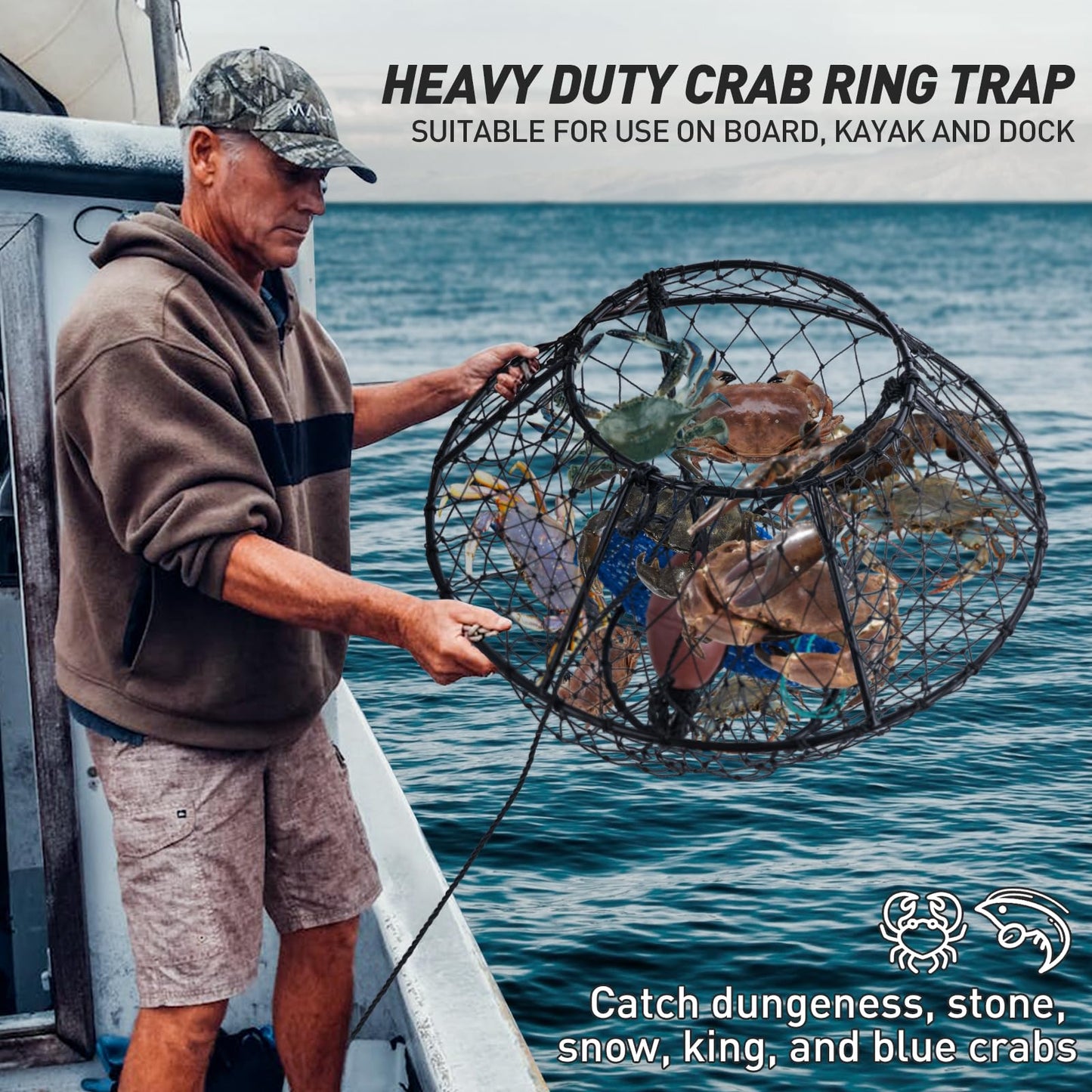 QualyQualy Crab Ring Trap Net, Ring Crab Kit Lobster Hoop, Portable Folded Crab Cage, Crabing Accessories with Bait, Heavy Crab Nets for Crabbing, 32" x16.5'', 2 Pack
