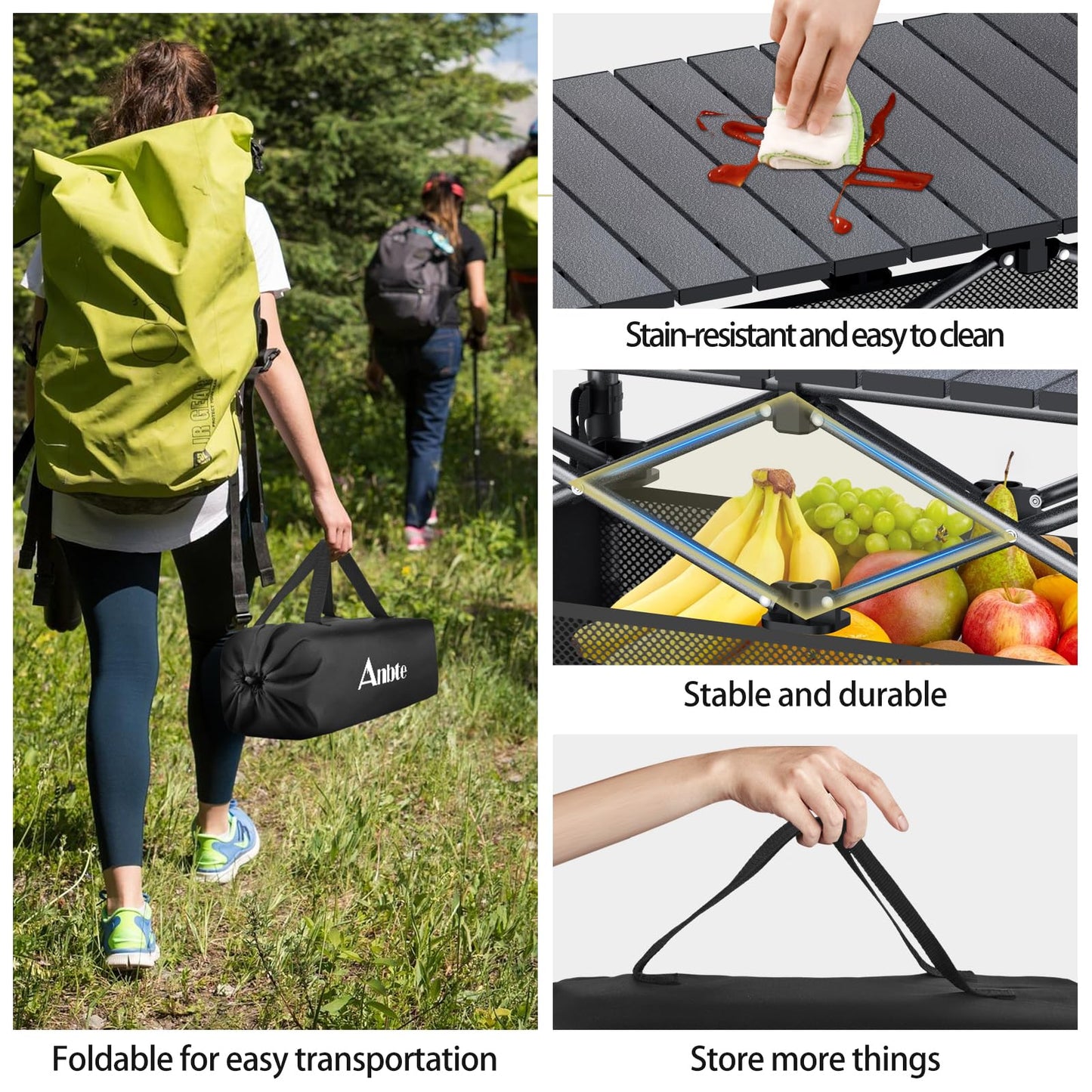 Anbte Folding Camping Table, Aluminum Roll Up Camping Table Adjustable Height with Storage Net and Bag, Lightweight Outdoor Table 32.2” X 16”, for Outdoor Travel BBQ Party Picnic, Black