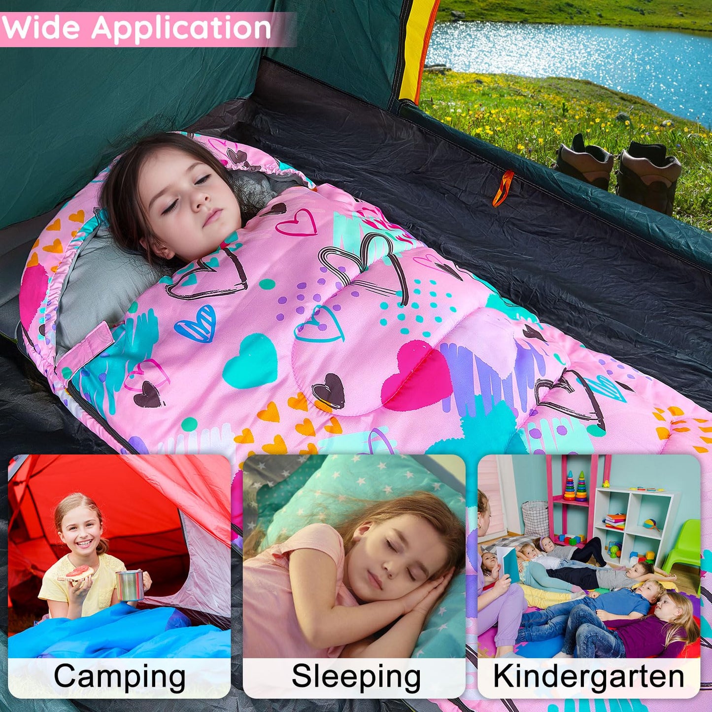 FIOBEE Kids Sleeping Bag for Girls Boys 3 Season Warm & Cool Weather 41-60.8℉ Camping Sleeping Bags with Backpacking Bag for Traveling Hiking Indoor Outdoor Camping Essentials Gear, Pink Love