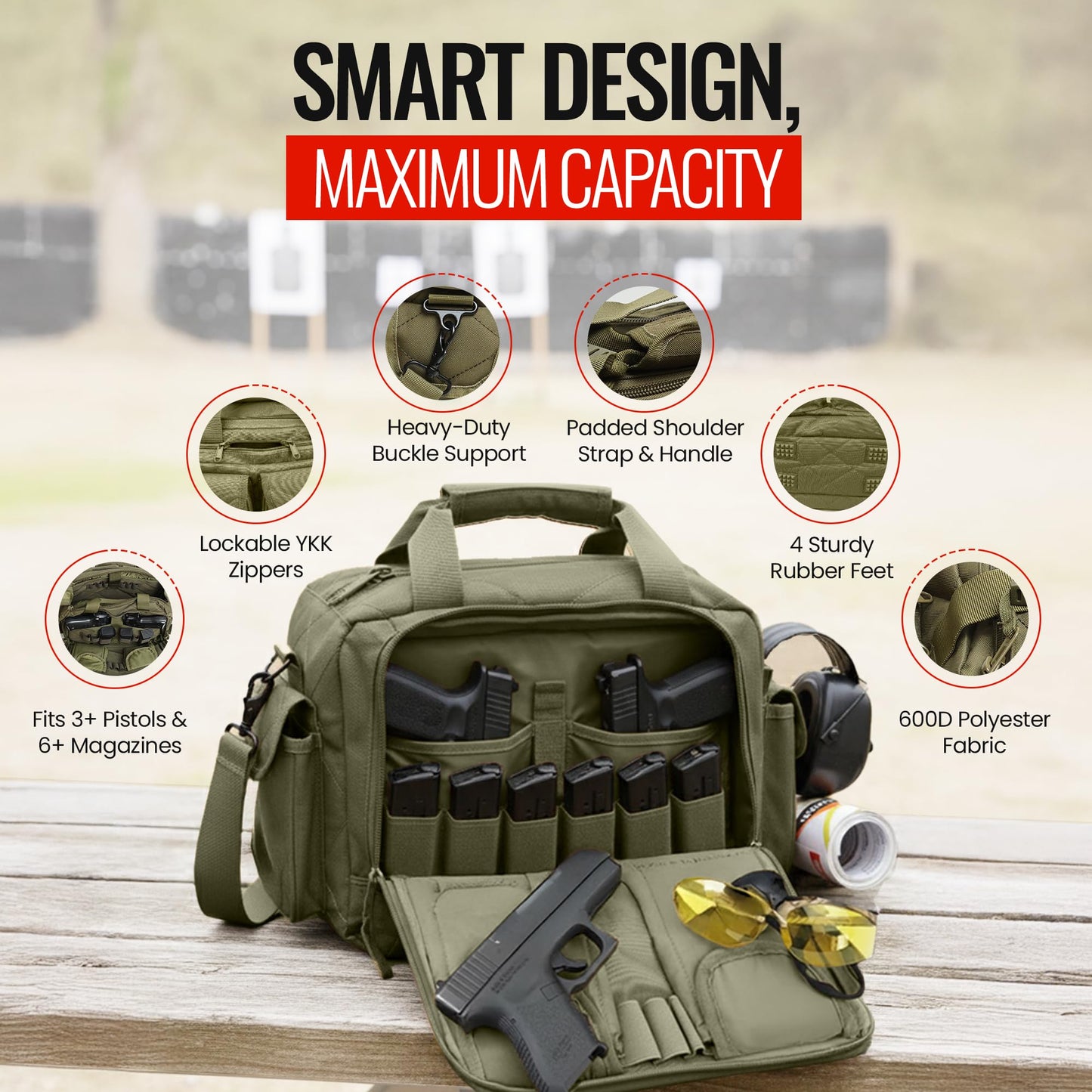 Gun Range Bags for Handguns and Ammo – Tactical Shooting Bag can Fits 3+ Pistols – Compact Gun Carrying Case with Durable Double Stitching Lockable YKK Zippers, Magazine Storage & Shoulder Strap
