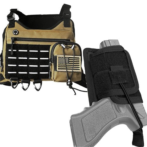 Dlaeey Concealed Carry Holster with Hook & Loop Backed for Backpack/Fanny/Vehicle, & Sports Chest Bag Lightweight Front Running Vest Pouch,Built-In Phone Holder & Extra Storage (Khaki)