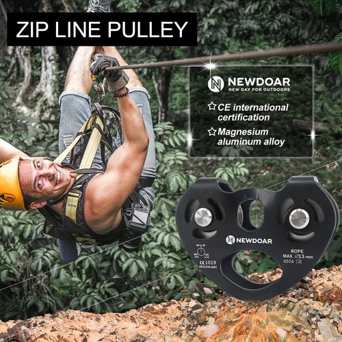 NewDoar Zip Line Pulley,28KN Double Tandem Speed Dual Trolley with Ball Bearing,CE Certified for Climbing, Rescue Lifting Aluminum Fixed Eye Pulley (Stainless Steel Wheel Black)