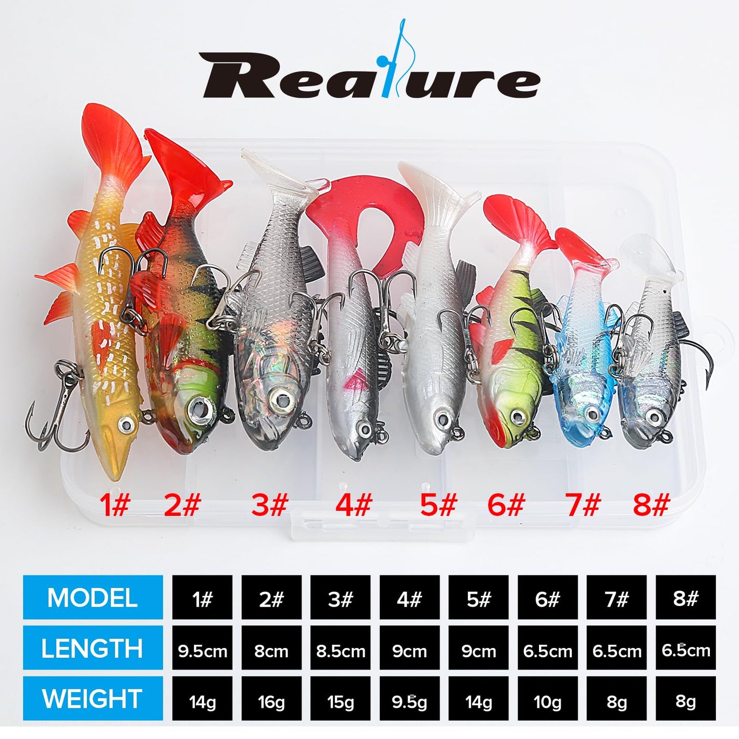 Realure 8 Pcs Fishing Soft Plastic Lures, Pre-Rigged Jig Head Soft Fishing Lures, Paddle Tail Swim Baits for Bass Fishing, Premium Fishing Bait for Freshwater Saltwater, Trout Pike Fish Lures