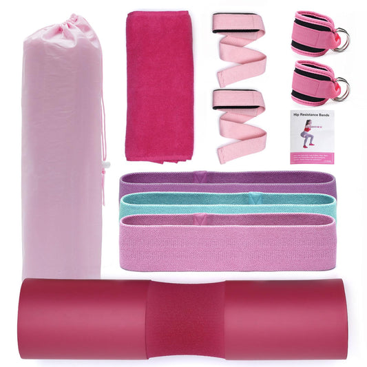 11 Pcs Barbell Pad Set, Gym Accessories Barbell Squat Pad for Hip Thrusts, Lunges,Leg Day,2 Gym Ankle Safety Straps,3 Resistance Bands & 2 Lifting Straps,Barbell Pad with Carry Bag, Towel & Guide Book