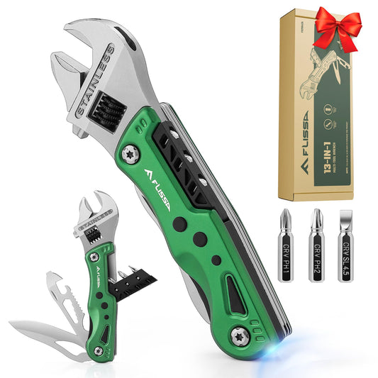 FLISSA 13-in-1 Multi Tool Wrench, Gift for Dad, Stainless Steel Multitool Adjustable Wrench with LED Light, EDC Pocket Knife with Sheath, Multipurpose Multi Use Tool