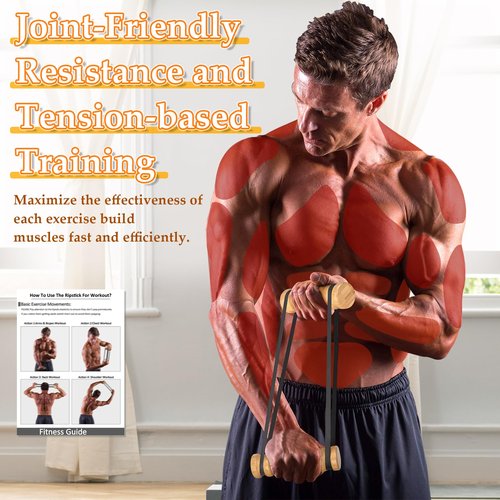Tohiasen Rip Stick Efficient Upper Body Workout Equipment Home Gym, Adjustable Resistance Bands with Wooden Handles, Portable Exercise Equipment, Joint-Friendly, 8 Rip Stick Bands Included