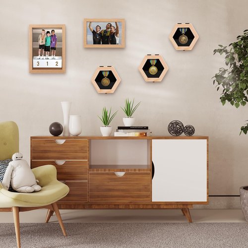 BiJun Wooden Hexagon Medal Hanger Display Case,Shadow Box for Medals Race Medal Display for Sports Medals, Track & Field,Races, Running, Marathons (3pc)