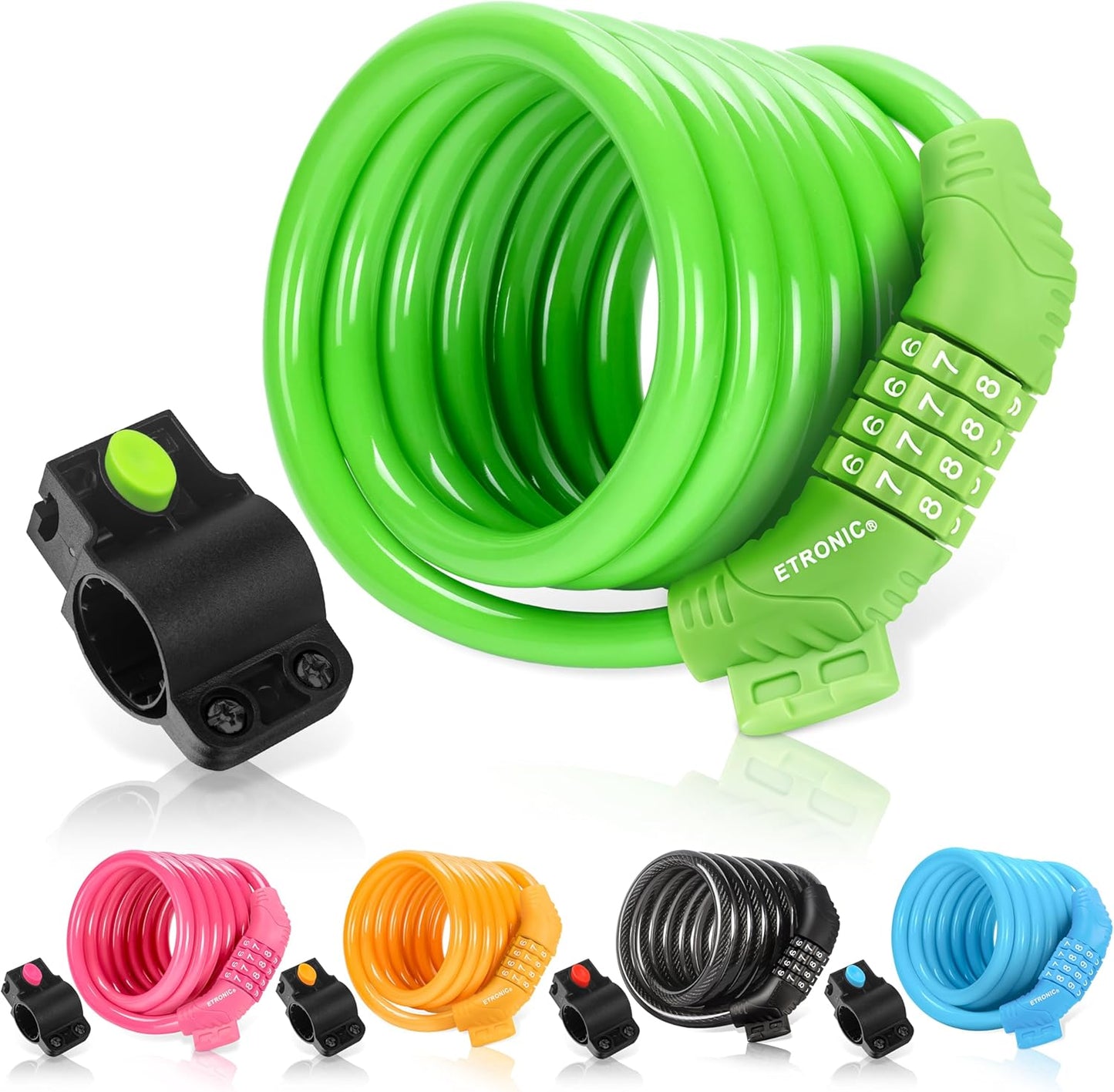 Secure Etronic 6ft Coiled Bike Lock - Resettable Combo Lock with Mounting Bracket