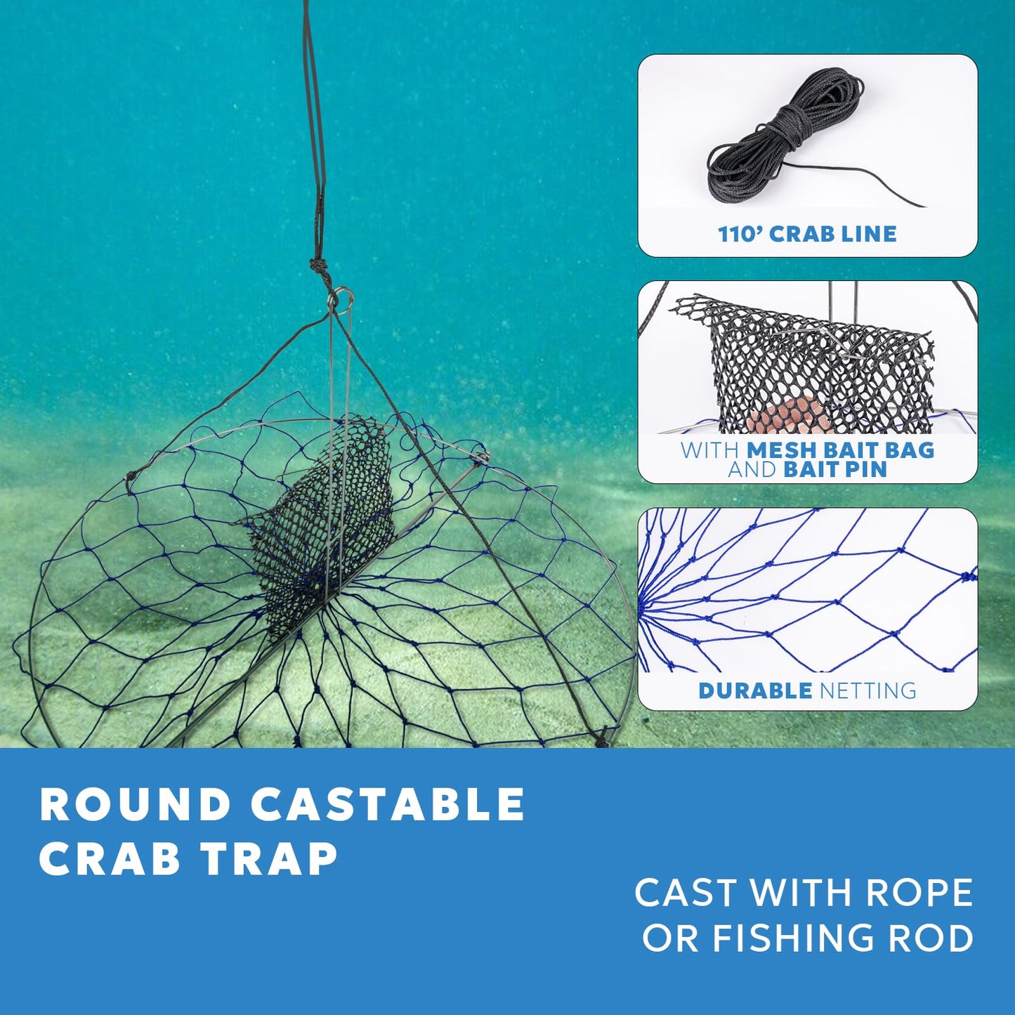 A1FISHER 2 Packs Round Castable Crab Traps Dia 24’’ with 110' Rope, PVC Mesh Bait Bag and Stainless Steel Bait Pin Kit