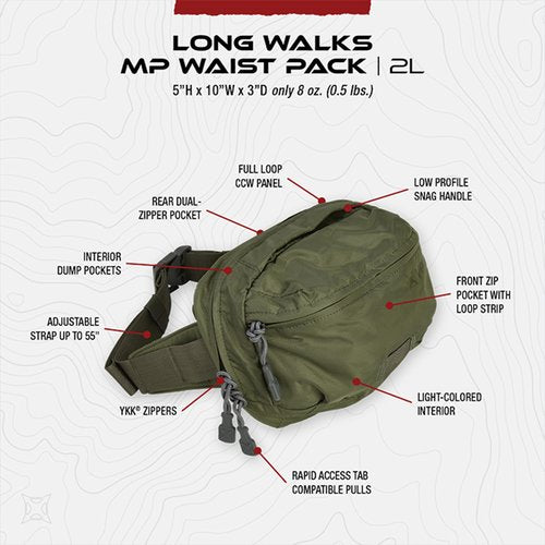 Vertx Long Walks MP 2L Tactical Waist Fanny Pack Concealed Carry Gear Bag for Travel, CCW, EDC, Work, Hiking, Outdoor, It's Almost Black
