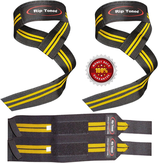 Rip Toned Lifting Straps + Wrist Wraps Bundle (1 Pair of Each) 18" or 13" Wraps for Weightlifting, Xfit, Workout, Gym, Powerlifting, Bodybuilding, Strength Training - Men & Women