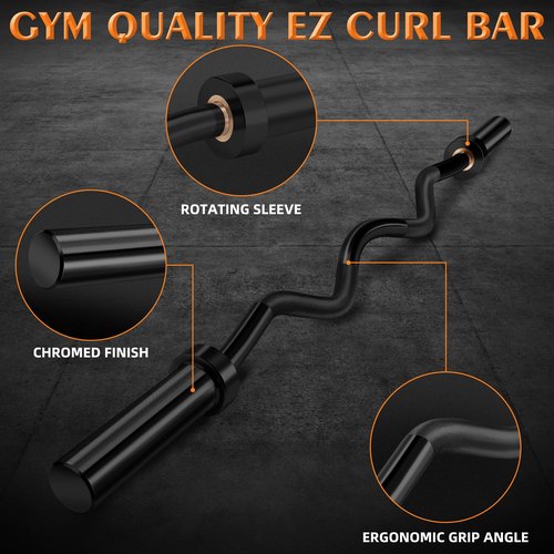 Olympic Barbell EZ Curl Bar 48 inch, Threaded Chrome Barbell Bar with Brass Bushings for Powerlifting, Hip Thrusts, Squats and Lunges