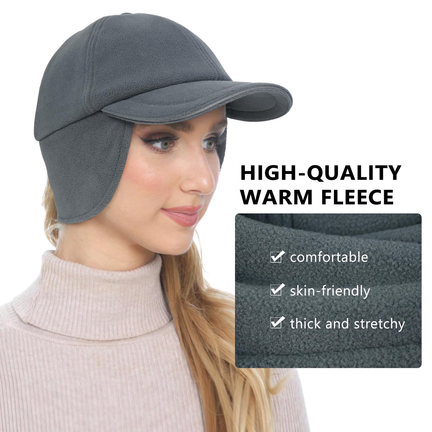 GADIEMKENSD Fleece Winter Hats for Women Reflective Ponytail Hat with Ear Flap Drop Down Ear Warmer Visor Beanie Double Ponytails Hole Baseball Cap for Running Skiing Hiking Dark Grey