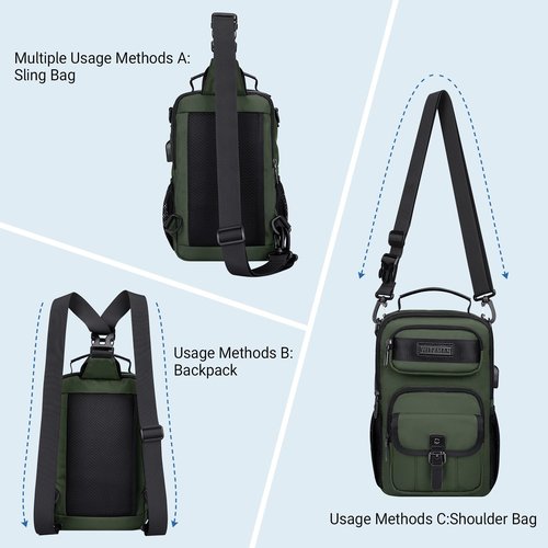 WITZMAN Sling Bag for Men Convertible Travel Sling Backpack USB Charging Port Lightweight Crossbody Bags Casual Daypack（B698 Army Green）
