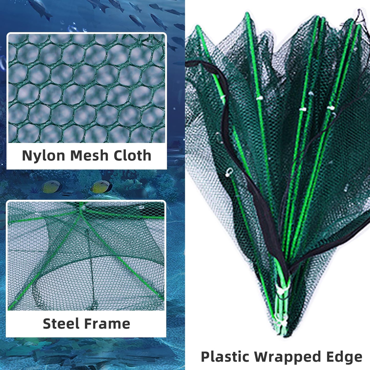 3 Pcs Foldable Fishing Net Accessories for Crab Crayfish Shrimp:Fishing Landing Net with Telescoping Pole Handle, Collapsible Crab Trap Hexagon and 2 Ropes