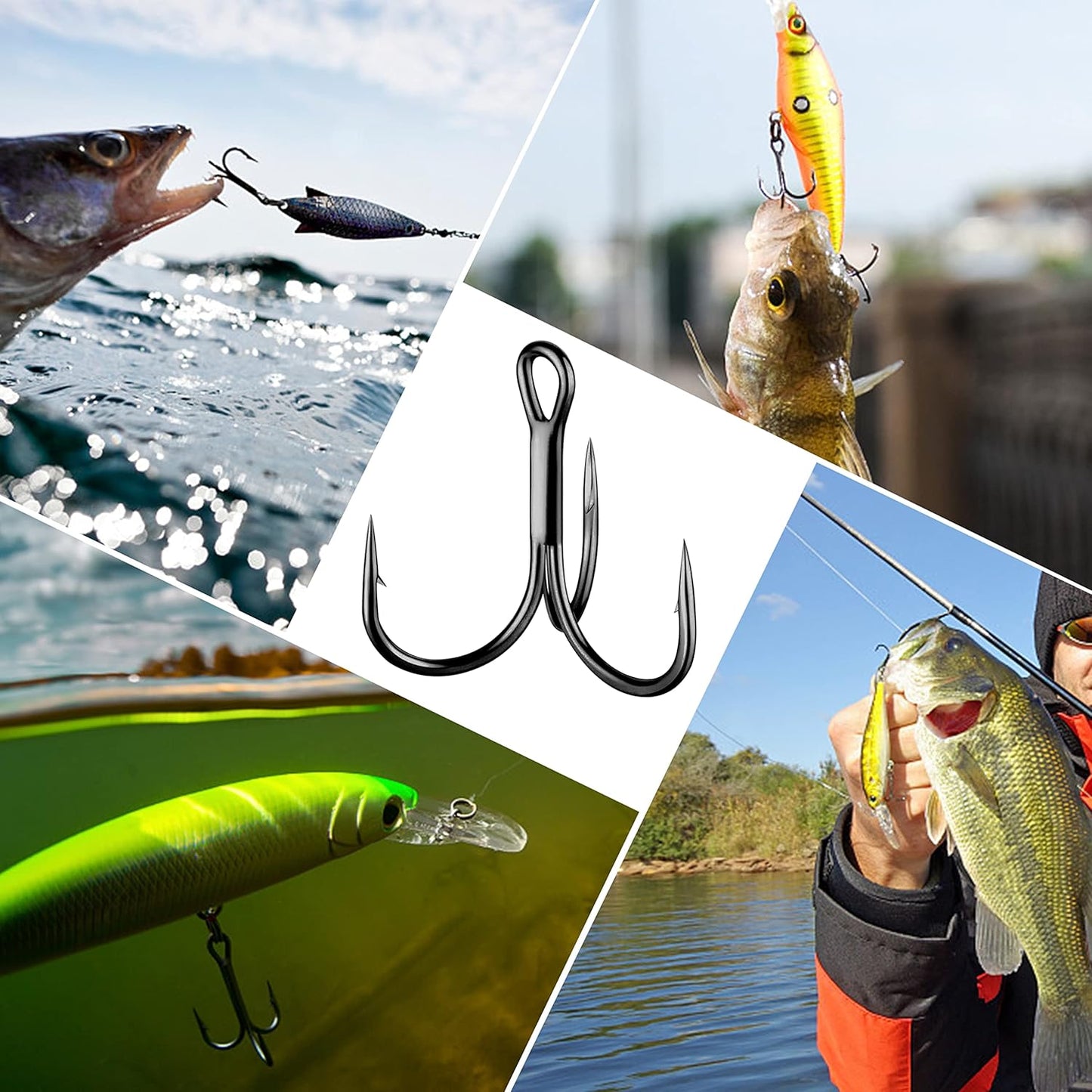 Shaddock Fishing Treble Hooks, Round Bend Short Shank Treble Hooks, High Carbon Steel, Wide Gap for Lures, Baits, Stripe, Trout, Bass, Salmon, Panfish 100/200PCS