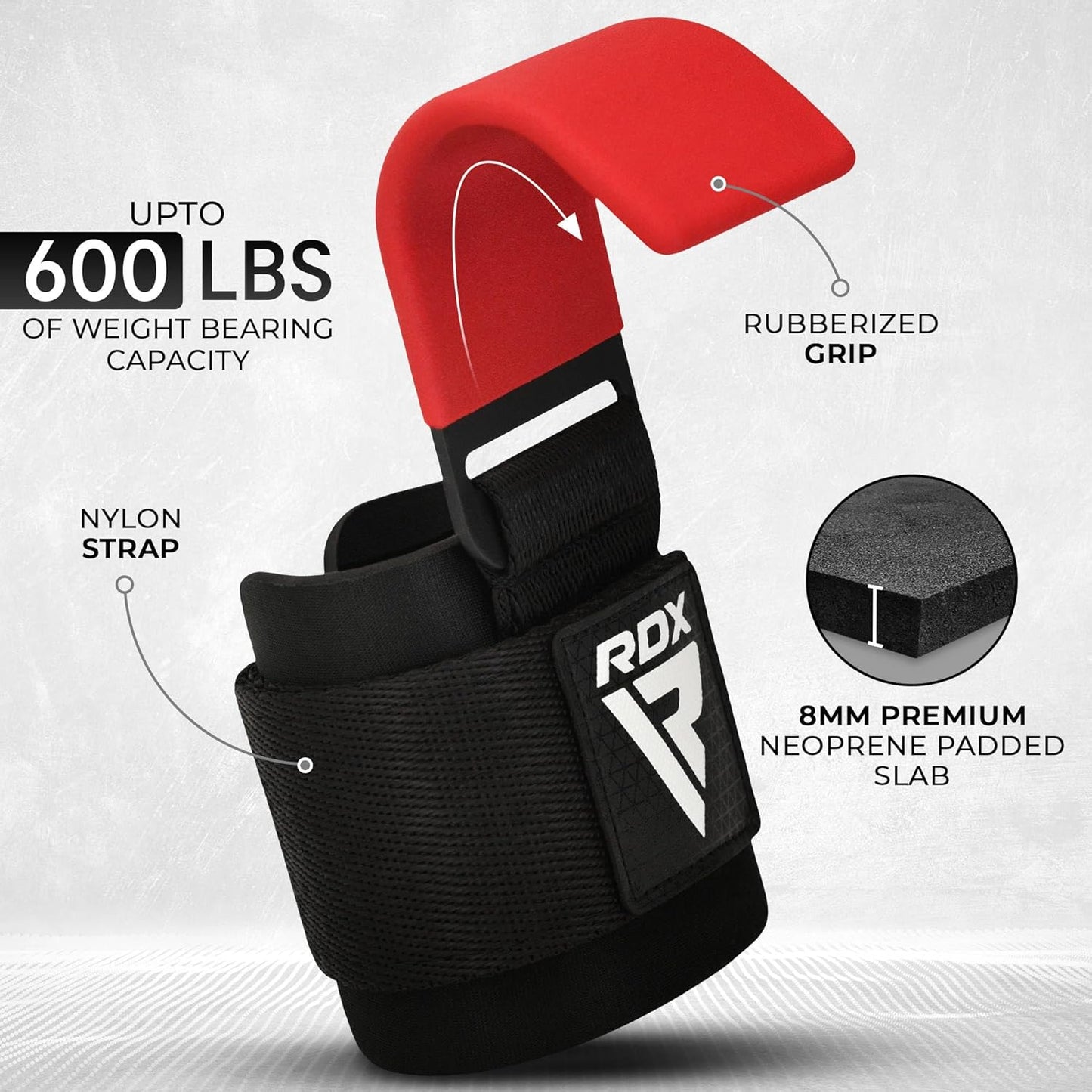 RDX Weight Lifting Hooks for Deadlifting (Pair) - 600Lbs Capacity - 8MM Neoprene Wrist Support Wraps - Grip Enhancer for Pull Ups Lat Pulldowns Rows - Adjustable Gym Workout Power Straps for Men Women