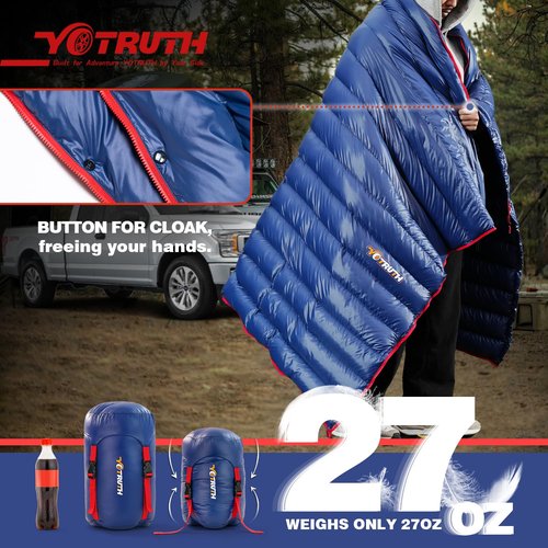 Yotruth Ultralight Down Sleeping Bag - 650 Fill Power, 27oz Compact Envelope Bag for Backpacking, Camping, Hiking - 35-50f, Lightweight & Compressible, Also Ideal As a Cape
